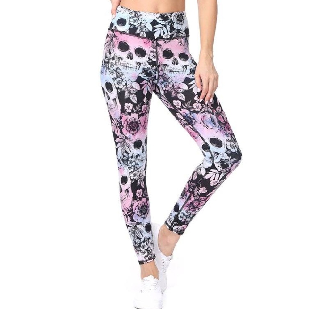 Evolution and Creation High Waist Pink & Blue Floral Skull Leggings NWOT…